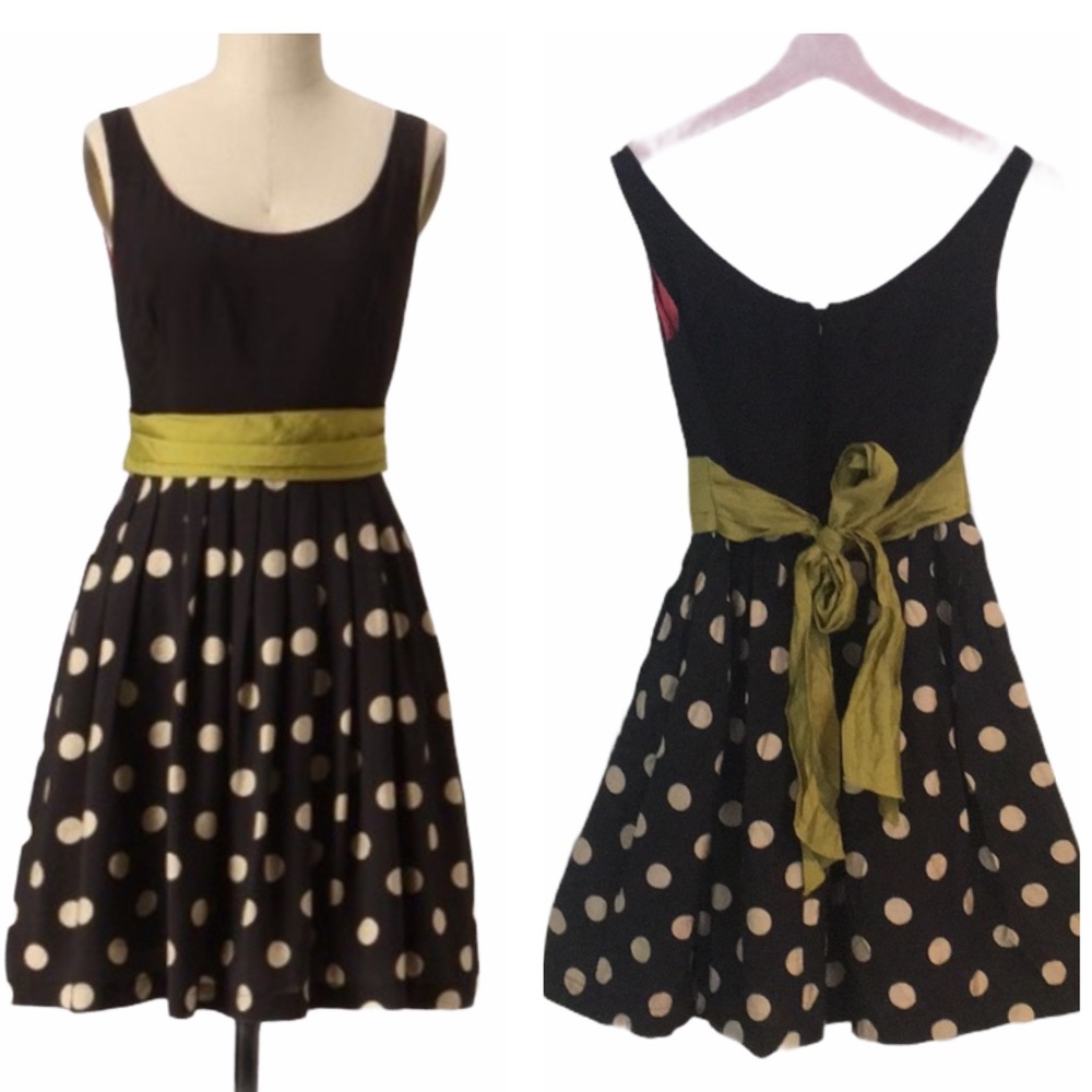 Anthropologie Slice of Lime Polka Dot Tie Waist Fit & Flare Bow Rayon Dress - 0
